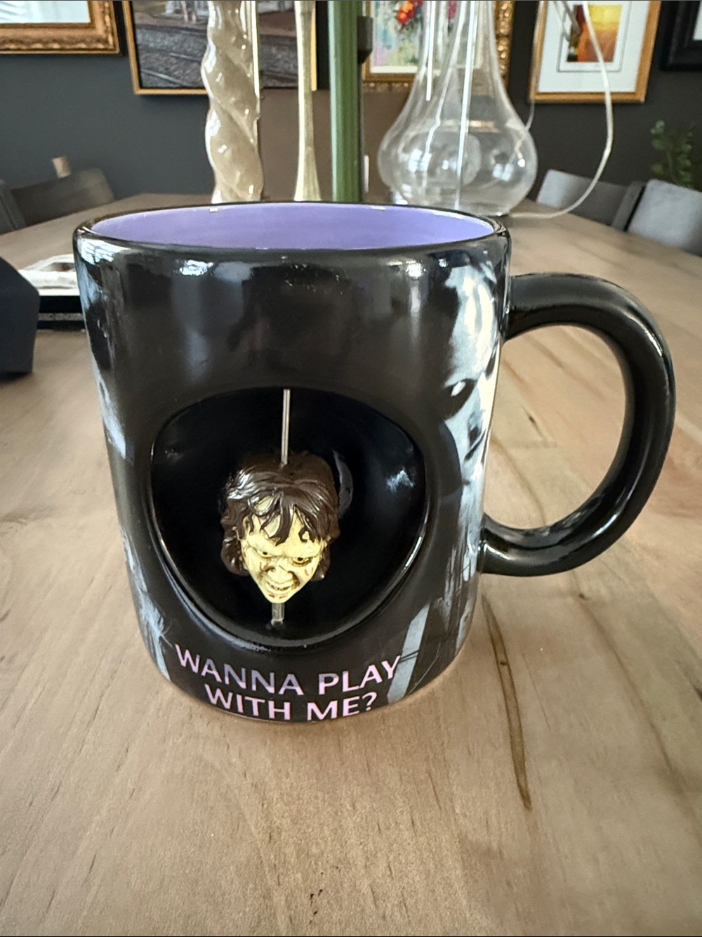 Black Ceramic Mug with Purple Interior and Horror Charm - Novelty Drinkware